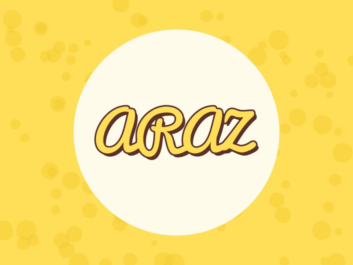 Het logo van Araz op een lichte schijf, midden op een geel vlak met stippen.